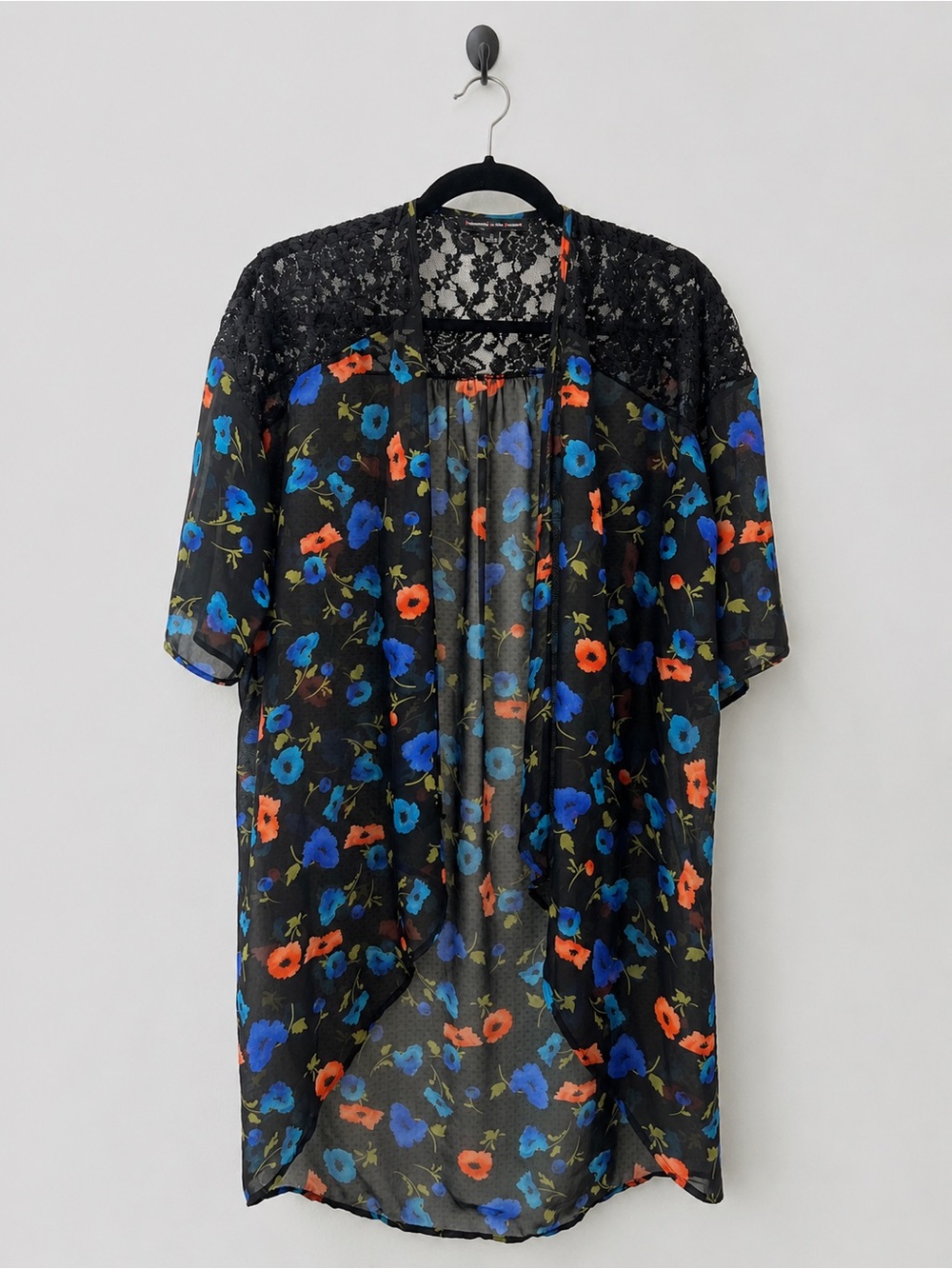 Sheer Black Floral Kimono with Lace Yoke - Blue & Orange